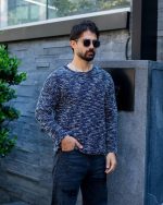 تیشرت آستین بلند پشمی یقه گرد سورمه ای
