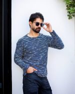 تیشرت آستین بلند پشمی یقه گرد سورمه ای روشن