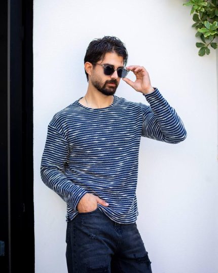 تیشرت آستین بلند پشمی یقه گرد سورمه ای روشن