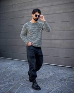 تیشرت آستین بلند پشمی یقه گرد طوسی