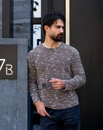 تیشرت آستین بلند پشمی یقه گرد قهوه ای