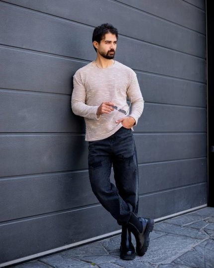 تیشرت آستین بلند پشمی یقه گرد موکا